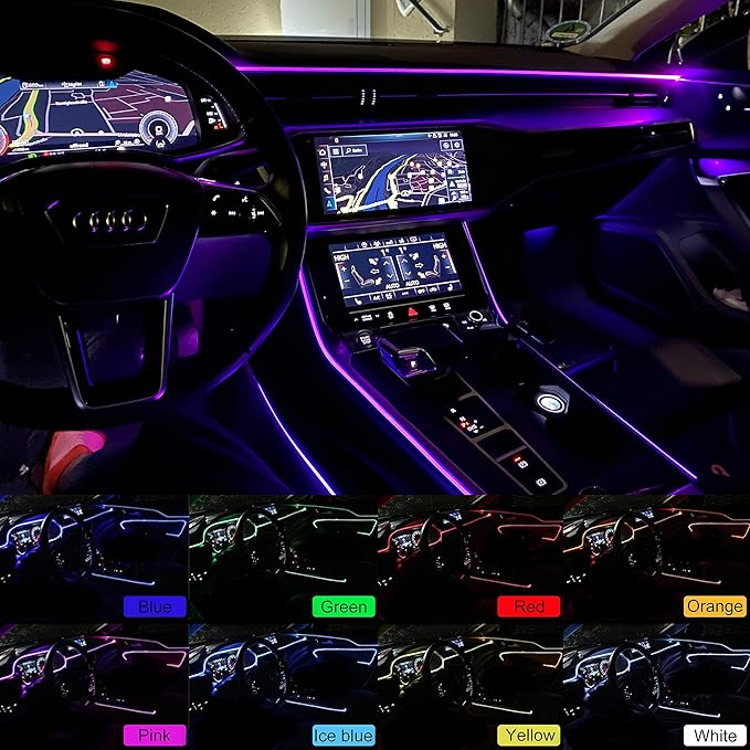 Car Ambient Lighting Optic Fiber 64 Colors Music Sound Active with RF Remote Controller + APP Control Car Decorative Atmosphere Lighting Kit DC 12V 1W 3m