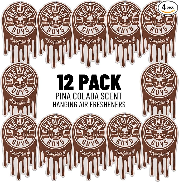 Chemical Guys Car Fresheners, Hanging Air Fresheners - Pina Colada Scent for Cars, Trucks, SUVs, RVs, Home, Office, Work, Dorm Room, & More - 12 Pack