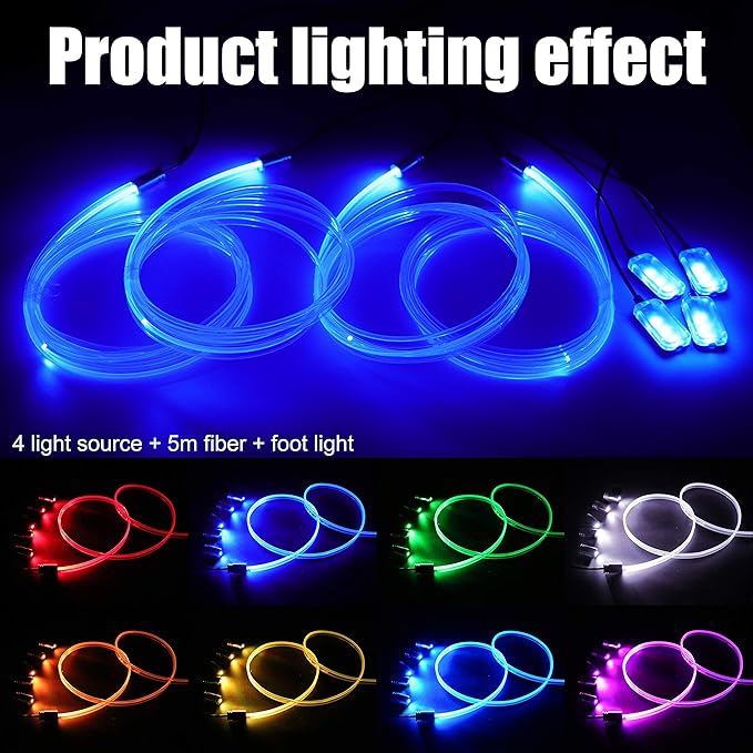 Car Interior Strip Lights, 4 in 1 Multicolor RGB Car Footwell Ambient Lighting Kit, 5m Fiber Optic EL Neon Tube Light, DIY Mode Music Sync RF Remote Control DC 12V