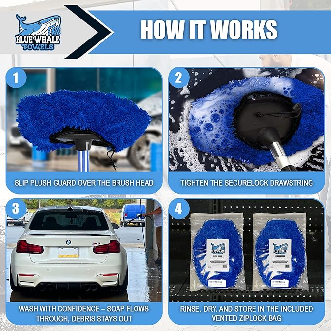 Plush Guard - Heavy Duty High GSM Microfiber Car Wash Brush Cover - Chenille Sleeve with Drawstring for Secure Fit, Soap-Passing, Washable, Scratch-Free Protection for Public Car Wash Brushes