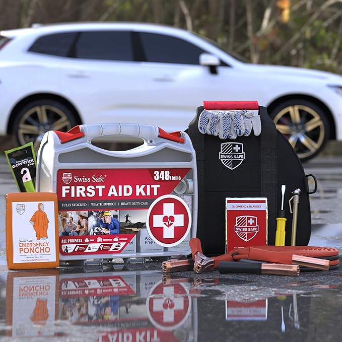 Swiss Safe 2-in-1 Car Emergency Kit | 12-FT Heavy-Duty Jumper Cables & 378-Piece Comprehensive Car First Aid Kit | Compact Roadside Auto Essentials for Vehicle Safety
