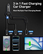 iPhone 17e 17 16 15 Pro Max Car Charger Fast Charging, 3-Port 90W Fast USB C Car Charger Adapter Cigarette Lighter with 4FT Coiled USB C Cable for iPhone 17e/17/17 Pro Max/Air/16/15 Pro/Plus, iPad