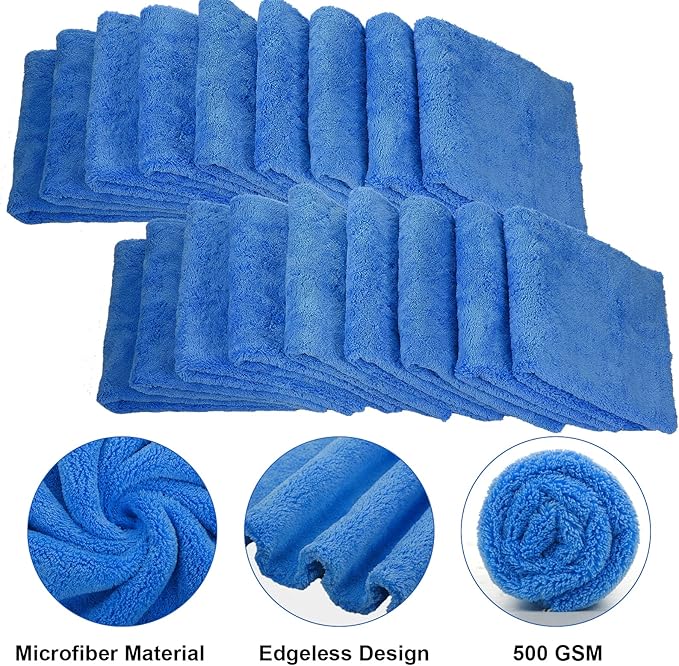 Shimeyao 20 Pcs 16 x 16 Inch Edgeless Microfiber Plush Towels for Cars Detailing Drying Wash Polishing Absorbent Cleaning Cloths, 500 GSM (Dark Blue)