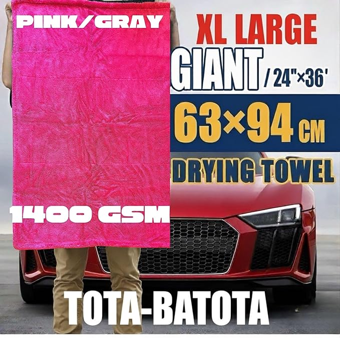 Microfiber Car Drying Towel 36"x24" – 1400 GSM Twisted Yarn, Ultra Absorbent, Scratch-Free, Machine Washable – Bonus 12"x12" Detail Towel, Pink/Gray