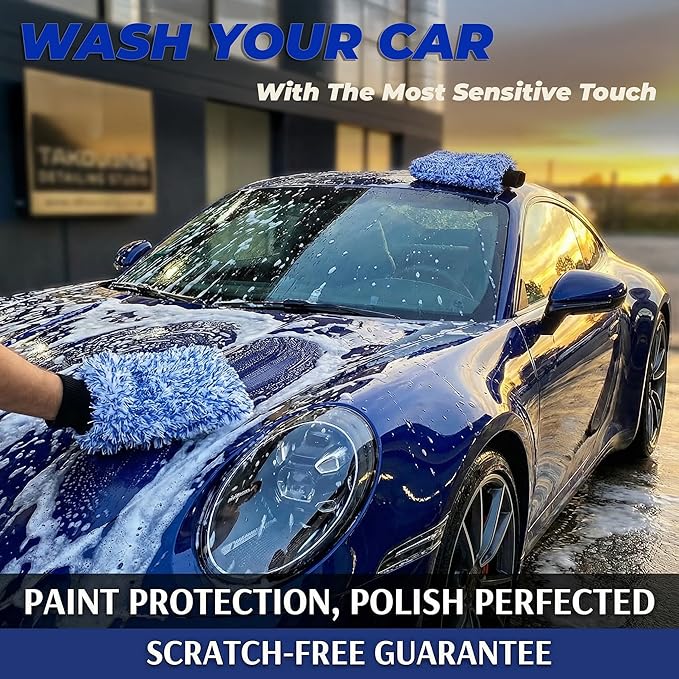 TAKAVU New Car Wash Mitt, 2 Pack Premium Cyclone Microfiber Washing Gloves, Holds Tons of Sudsy Water for Effective Washing, Machine Washable, Lint Free, Scratch Free (Blue)