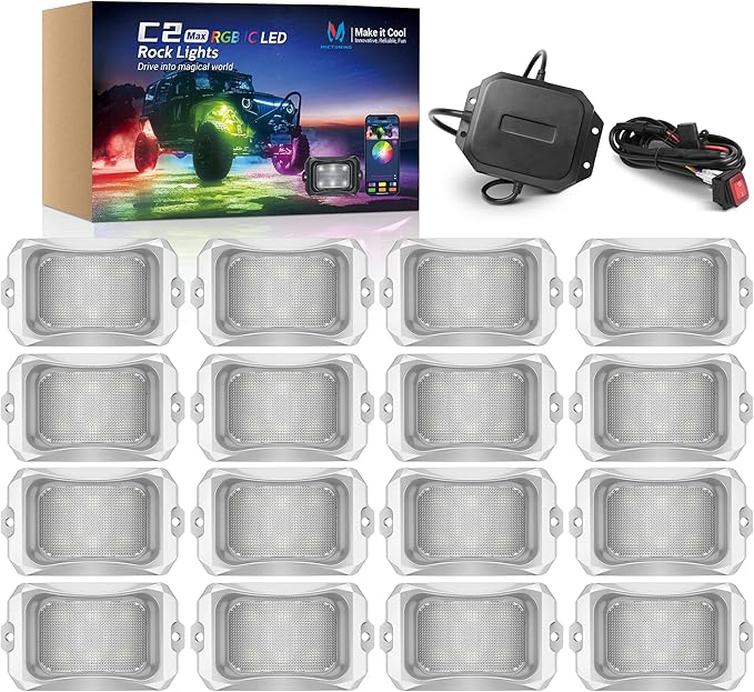 MICTUNING C2 MAX RGB+IC Rock Light with White Housing - 16 Pods Chasing Color Underglow Lights Kit, Dynamic Lighting Modes, APP Control, IP68 Waterproof, DIY Effect, Up to 24pods Extensible