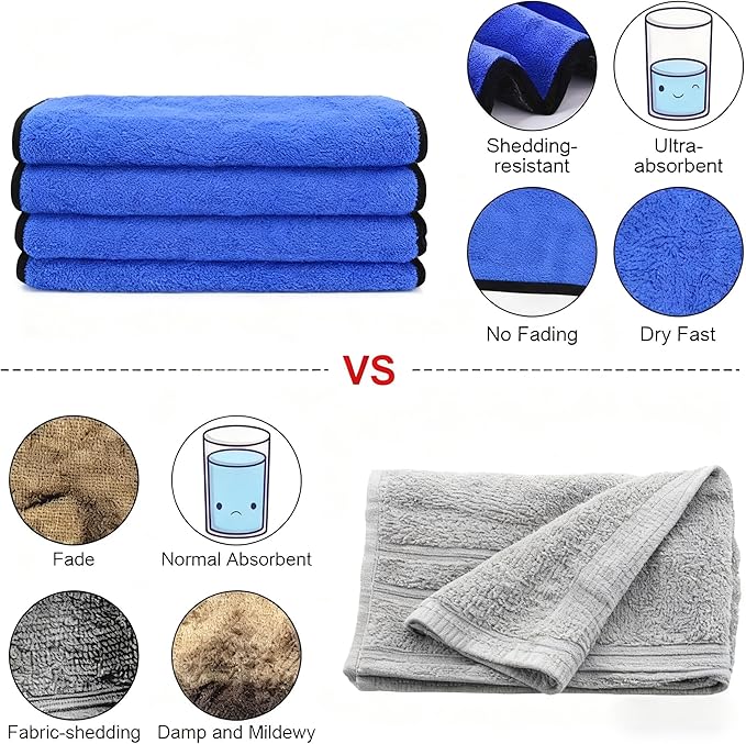 Ultrasoft, Large, Thick and Quick Drying Car Microfiber Cleaning Towel 800GSM Polishing Waxing Auto Detailing Towel Cloth (6pack) (Grey-Blue)