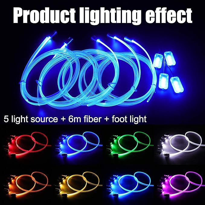 6 m Optic Fiber Car Ambient Lighting Kit Bluetooth App Control + RF Remote Control 64 Colors Multicoloured Music Interior Footwell Lighting Kit 12V 1W