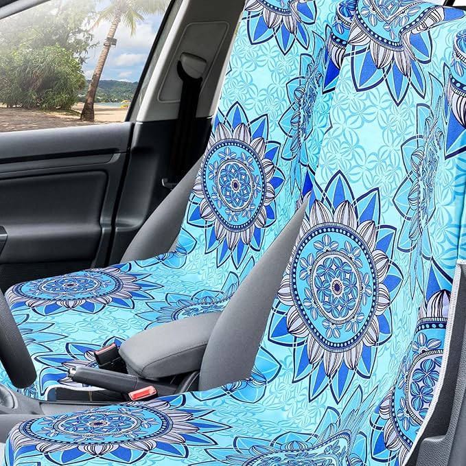 Hahafelt 2 Pack Car Seat Towel Covers with Storage Bag, 63 x 32 Inch Universal Non Slip Waterproof Sweat Protector for Car Truck, Gym Swimming Running, Machine Washable (Blue Mandala)