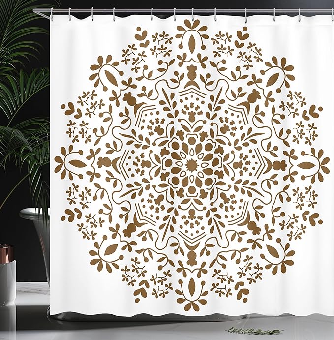 Ambesonne Mandala Shower Curtain, Abstract Art Style Vector Illustration of Mandala Flower on White Background, Cloth Fabric Bathroom Decor Set with Hooks, 69" W x 70" L, Brown and White