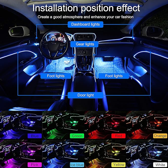 Car Interior Strip Lights, 3 in 1 Multicolor RGB Car Ambient Lighting Kit, 4m Fiber Optic EL Neon Tube Light, DIY Mode Music Sync APP Control DC 12V
