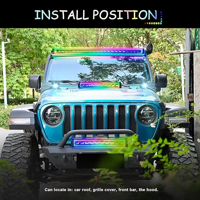 52" RGB LED Light Bar 2Pcs 4" Flood LED Pods with Multi-Color Chasing RGB Halo 16 Solid Colors Over 92 Flashing Modes Offroad Lights Driving Lamp Fog Lights with Switch Wiring Harness