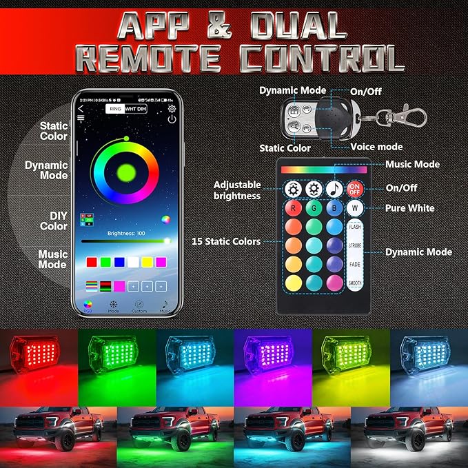 16 Pods RGB LED Rock Lights for Trucks Offroad Pickup Trailer Sedan SUV Cars, Waterproof Multicolor Neon Underglow Kit with Bluetooth APP/RF Remote, Vehicle Accent Underbody Light Underneath 12V
