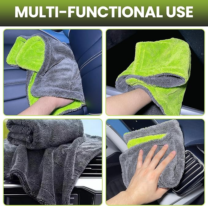 2 Pack Car Drying Towels – 1200GSM Ultra Absorbent Microfiber, 35"x24" & 16"x16", Lint-Free & Streak with Car Wash Mitt & Dual-Head Duster Brush for Auto Detailing, Car, SUV, Truck (Gray-Green)