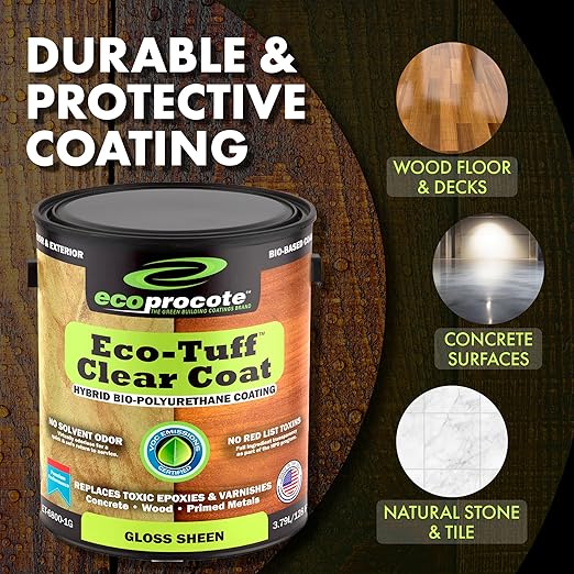 Eco-Tuff Finish Polyurethane Clear Coat — UV Resistant & Non-Toxic Wood Sealer — Clear Protective Water Based Sealant for Concrete Surface, Wood Floor, Cabinet, Countertop,Furniture — 1 Gallon — Gloss