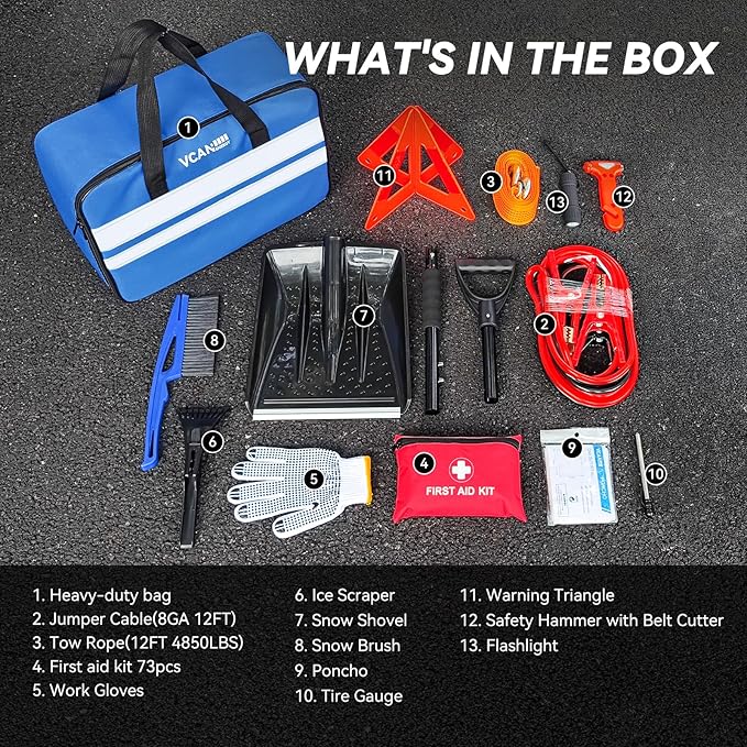 VCANENERGY Car Emergency Kit with Jumper Cable, First Aid Kit, Winter Travel Assistance with Detachable Snow Shovel, Safety Emergency Kit for Cars, Trucks
