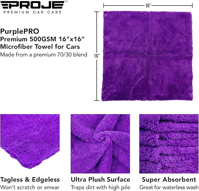 PROJE' PurplePRO - Purple Microfiber Drying Towel for Cars - Ultra Absorbent Cleaning Cloth - Auto Exterior & Interior Detailing Towel - 500 GSM 16in x 16in - (Pack of 6)