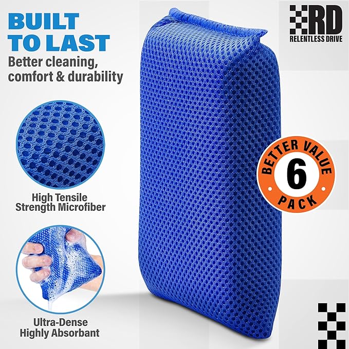 Bug Sponge for Car Washing (6 Pack) — Bug and Tar Remover for Cars - Ultra Soft Mesh Car Wash Sponge Non-Scratch