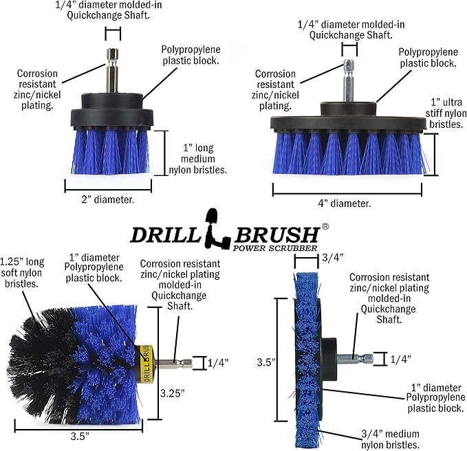 Drillbrush Blue – Boat Cleaning Drill Brush Attachment Set – Aluminum - Wood - Personal Watercraft Detailing - Fiberglass Hull Cleaning Kit - Kayak Accessories - Deck Brush