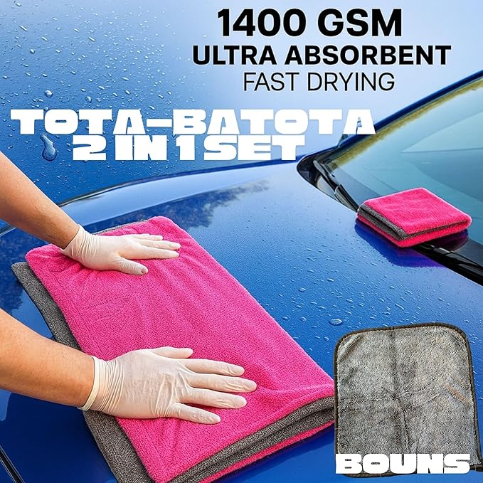Microfiber Car Drying Towel 36"x24" – 1400 GSM Twisted Yarn, Ultra Absorbent, Scratch-Free, Machine Washable – Bonus 12"x12" Detail Towel, Pink/Gray