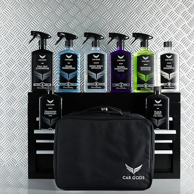 Car Gods 8 Piece Car Cleaning Detailing Kit - Shampoo - Carnauba Wax - Wheel Cleaner - Shine Detailer - Fallout Eliminator - Tyre Serum - Interior Detailer - Glass Cleaner