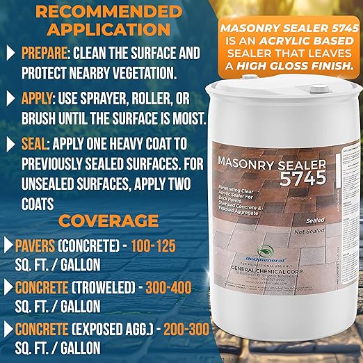 DeckGeneral High Gloss Masonry Sealer 5745 - Heavy Duty Outdoor Concrete Sealer - Multi-Purpose Acrylic-Based Waterproof Coating for Bricks, Mortar, Patio, Stairs, Walls, Pavement Etc. - 55 Gallon
