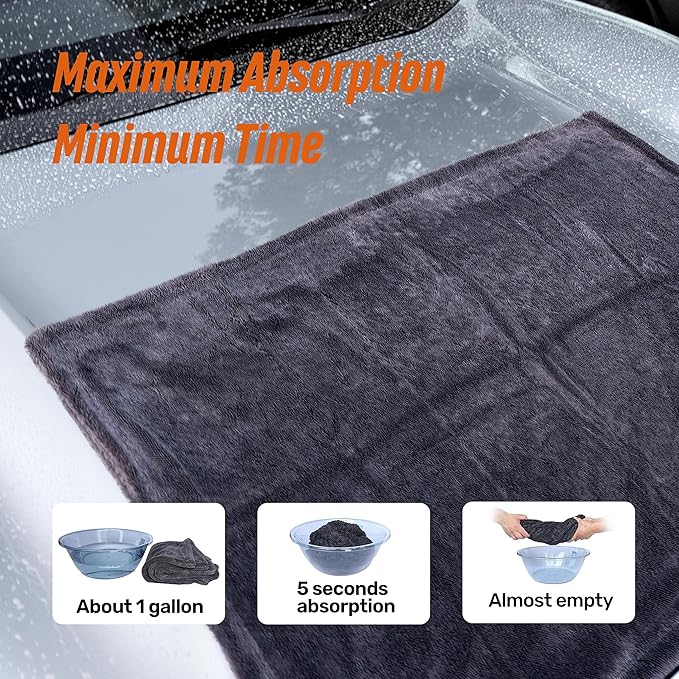 Car Drying Towel Set, 1300GSM Twisted-Loop Microfiber, 24"x36" XL + 15.7"x15.7" Detail Towel, Streak-Free, Lint-Free, Scratch-Free for Cars, SUVs & Trucks