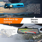 U24 Mirror Dash Cam, 4-Channel, 12” Touchscreen, 1080p, 170° Wide Angle, Stream Media, Auto-Backup Camera for Car, Truck, Taxi, Night Vision, Parking Monitor，Free 128GB Card