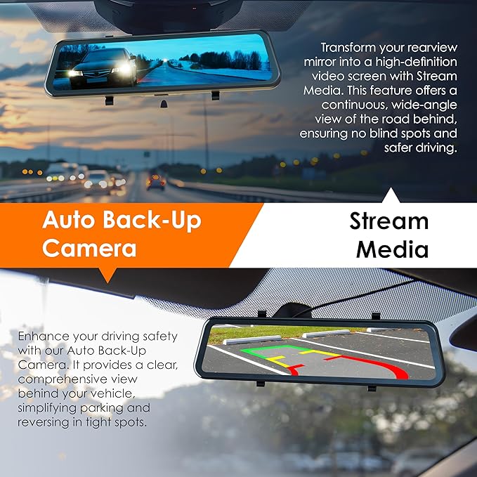U24 Mirror Dash Cam, 4-Channel, 12” Touchscreen, 1080p, 170° Wide Angle, Stream Media, Auto-Backup Camera for Car, Truck, Taxi, Night Vision, Parking Monitor，Free 128GB Card