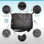 Car Net Pocket Handbag Holder Between Seats, Luxury Quilted PU Leather Purse Car Organizer With 2 Extra Pockets For Storage, Black