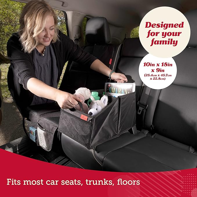 Lusso Gear Car Seat Organizer - Built-In Car Cup Holders & Mesh Pockets - Foldable Back Seat Organizer with Handles - Kids Road Trip Essentials - 9 Compartments, Black Oxford