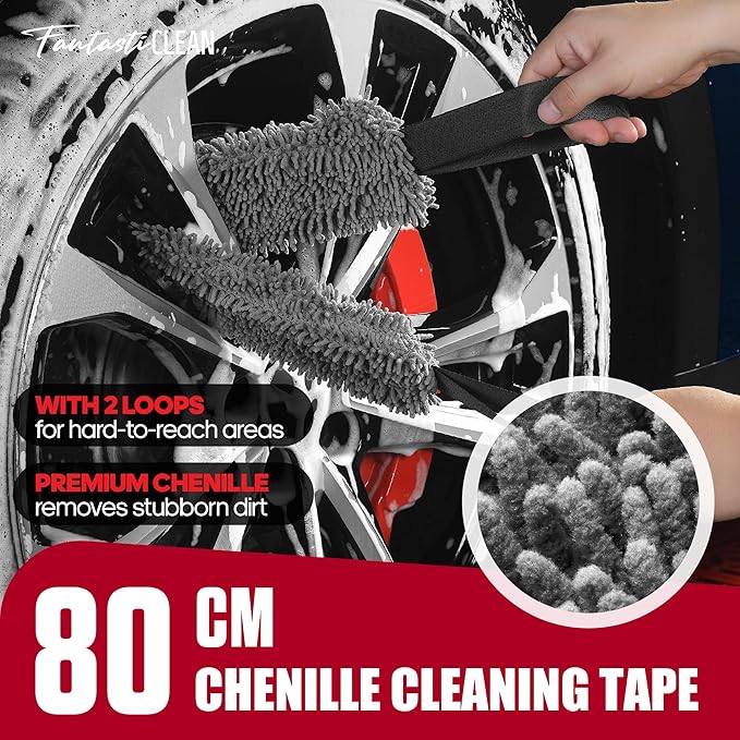 Fantasticlean 7PCS Car Wheel Brush Kit, Tire Brush, Soft-bristled Rim Brush, Chenille Rim Cleaning Tape, Microfiber Bendable Brush, Curved Detailing Brush with Elbow Connector, Detailing Pads