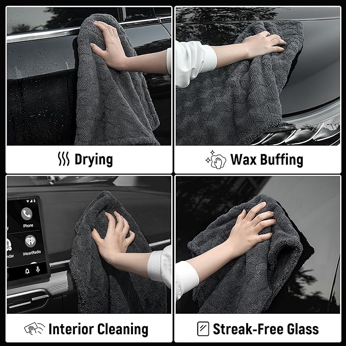 LIVOS Car Drying Towel, Premium Microfiber Towels for Cars, 1000GSM, Edgeless Twisted Loop Design, No Streaks, Scratches, or Water Spot, Absorbent Wash Towel, 18" x 24" (Wave Grey)