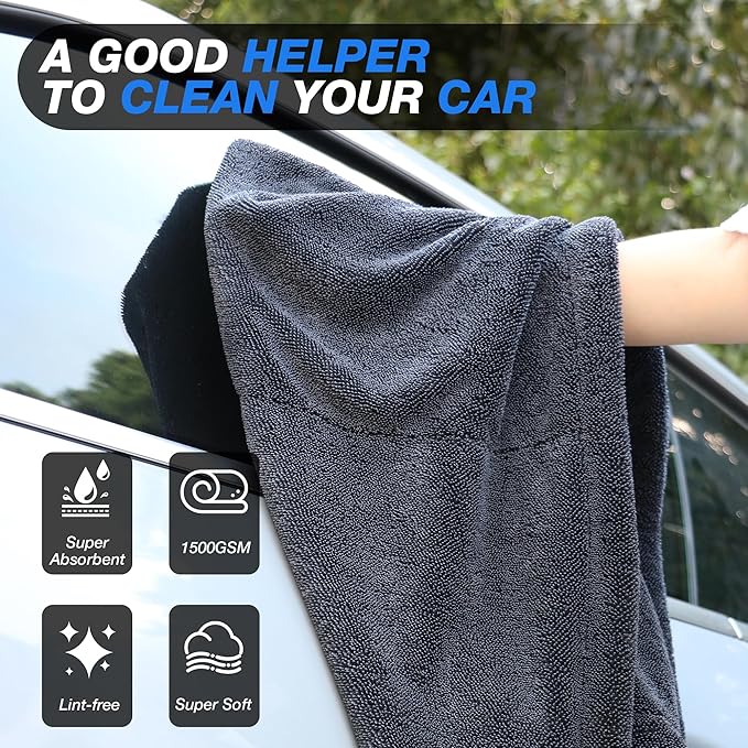 24" x 36" Car Drying Towel, Extra Large Double Twisted Loop Microfiber Towel, 1500 GSM, Ultra Absorbent Detailing Cleaning Cloth for Cars Trucks SUVs, Grey 1 Pack