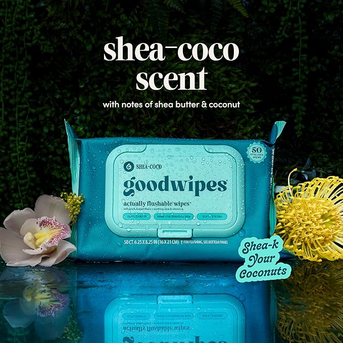 goodwipes Flushable Butt Wipes - Vitamin E & Aloe - Sewer & Septic Safe - Extra Large Adult Wet Wipes For Women & Men - Bathroom Essentials - Shea-Coco, 318 Count (6 Packs + 1 Travel)