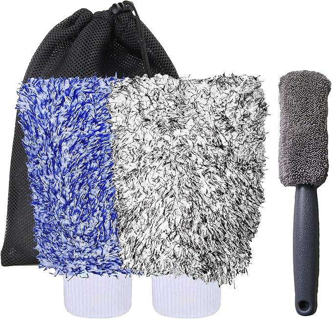 Pro Car Wash Mitt & Brush Kit: 2 Ultra Plush Chenille Mitts & Wheel Brush | Holds 10oz Water, Scratch-Free, Machine Washable | Includes Storage Bag