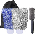 Pro Car Wash Mitt & Brush Kit: 2 Ultra Plush Chenille Mitts & Wheel Brush | Holds 10oz Water, Scratch-Free, Machine Washable | Includes Storage Bag