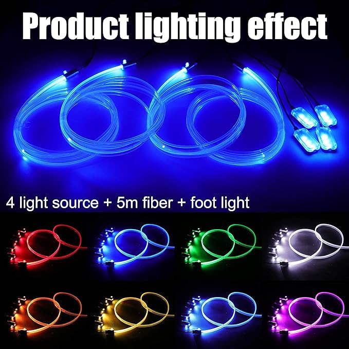 Car Ambient Lighting 64 Colors Multicoloured Music Optic Fiber RF Remote Controller + APP Control Car DIY Decorative Atmosphere Lighting Kit DC 12V 1W 5m