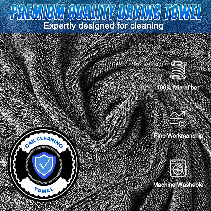Premium Car Drying Towel, 36x28 inch XL Microfiber Towel, 1300 GSM Microfiber Cleaning Cloth, Super Absorbent, Leaves No Streaks, Scratches, or Water Spots, Dries an Entire Vehicle, Black