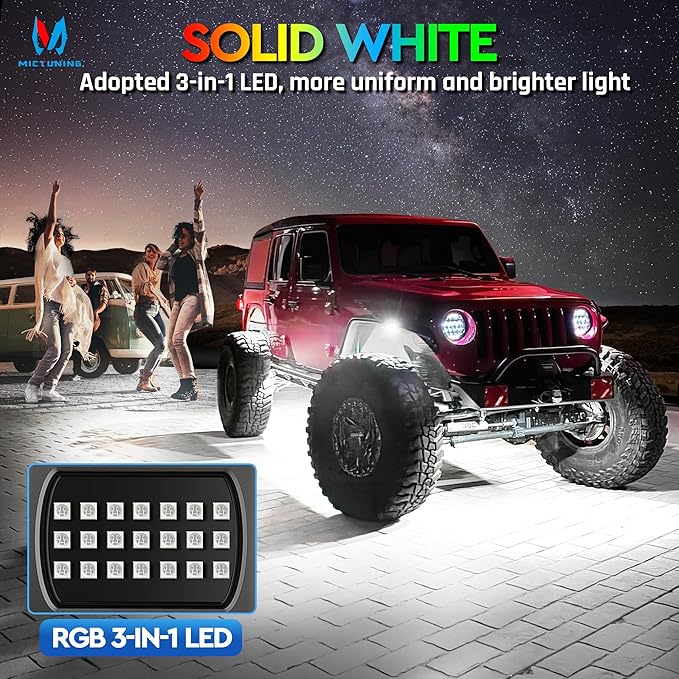 MICTUNING Q1 MAX RGB+IC Rock Lights 20 Pods Kit, 480 Beams 1000% Brighter Chasing Dreamcolor Underglow Neon Lights, APP Control Multicolor Extensible Underbody Lighting Kit for Truck ATV UTV Boat