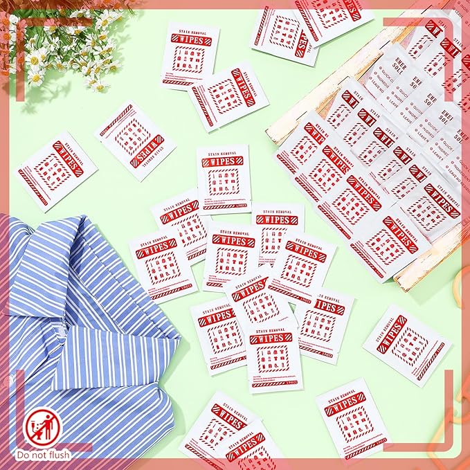 Timgle 200 Pcs Instant Stain Remover Wipes Individual Wrapped Stain Remover Wipes Bulk Portable No-rinse Cleaner for Clothes Fabric Coffee Grease Travel Purse Diaper Bag Car Laundry (White)