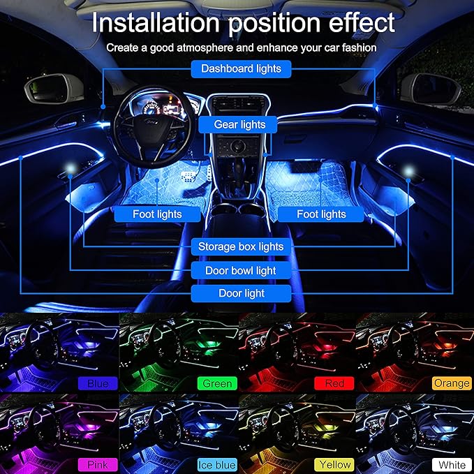 Car Interior Ambient Lighting Optic Fiber RGB 64 Colors Multicoloured Music Car Footwell Lighting Kit with Cigarette Lighter and App Microphone, 12-24V 6m
