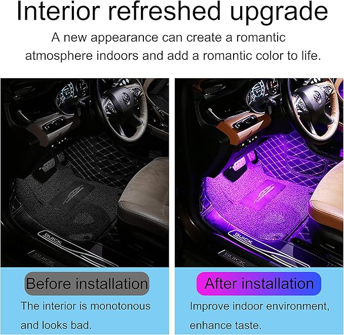 Car Interior Ambient Lighting RGB 64 Colors Multicoloured Music Car Footwell Lighting Kit with Cigarette Lighter and App Microphone, 12V-24V 1W