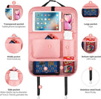 LUCMO Car Backseat Organizer with Tablet Holder-2 Pcs,6 Storage Pockets Car Storage Organizer with Foldable Food Tray,Protectors Kick Mats Travel Accessories-Pink