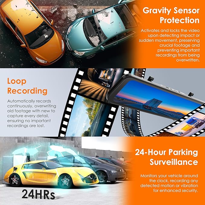 U24 Mirror Dash Cam, 4-Channel, 12” Touchscreen, 1080p, 170° Wide Angle, Stream Media, Auto-Backup Camera for Car, Truck, Taxi, Night Vision, Parking Monitor，Free 128GB Card