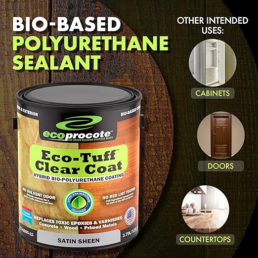 Eco-Tuff Finish Polyurethane Clear Coat — UV Resistant & Non-Toxic Wood Sealer — Clear Protective Water Based Sealant for Concrete Surface, Wood Floor, Cabinet, Countertop,Furniture — 1 Gallon — Satin