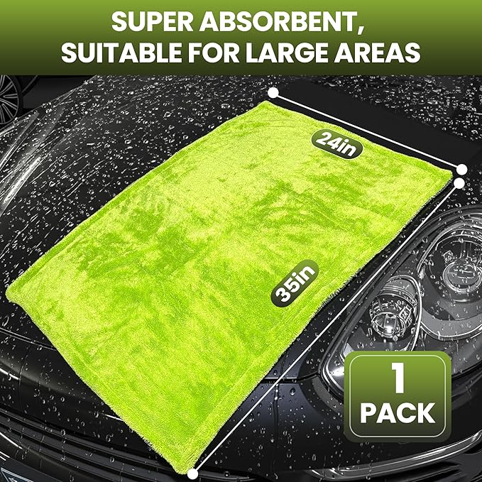 2 Pack Car Drying Towels – 1200GSM Ultra Absorbent Microfiber, 35"x24" & 16"x16", Lint-Free & Streak with Car Wash Mitt & Dual-Head Duster Brush for Auto Detailing, Car, SUV, Truck (Gray-Green)