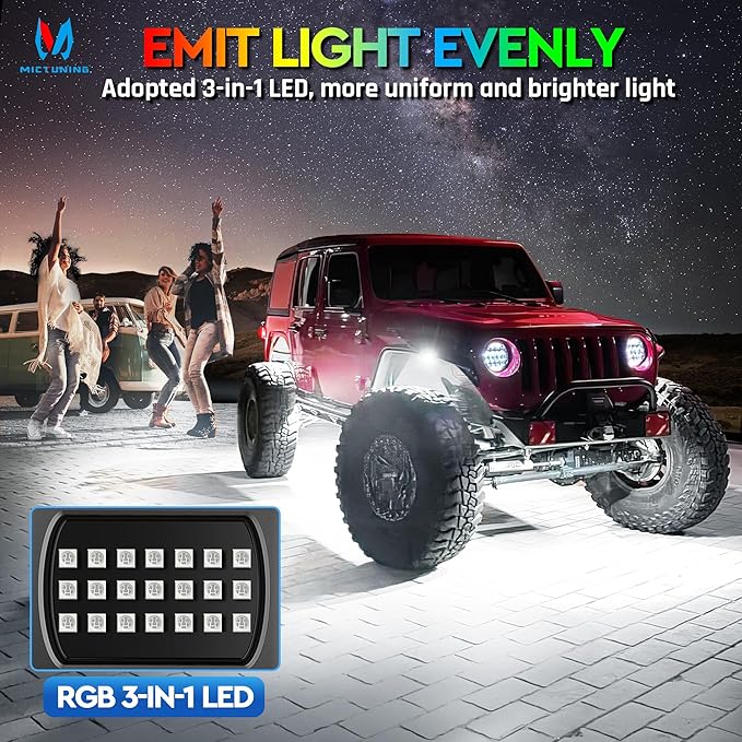 MICTUNING Q1 MAX RGB+IC Rock Lights 8 Pods Kit, 192 Beams 1000% Brighter Chasing Dreamcolor Underglow Neon Lights, APP Control Multicolor Extensible Underbody Lighting Kit for Truck ATV UTV Boat