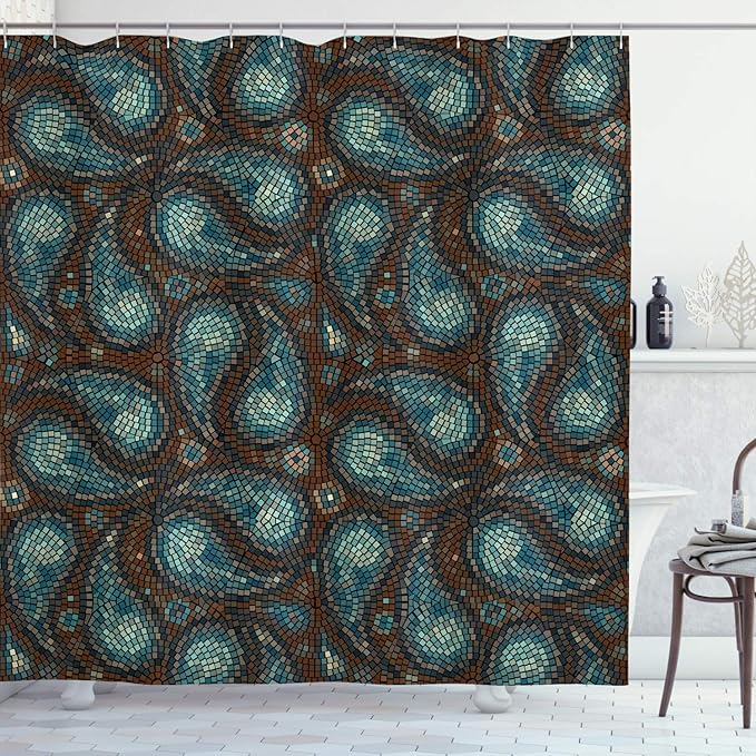 Ambesonne Paisley Shower Curtain, Modern Mosaic Like Circled Design with Teardrop Shaped Art Print, Cloth Fabric Bathroom Decor Set with Hooks, 69" W x 75" L, Brown Blue and Dark Blue
