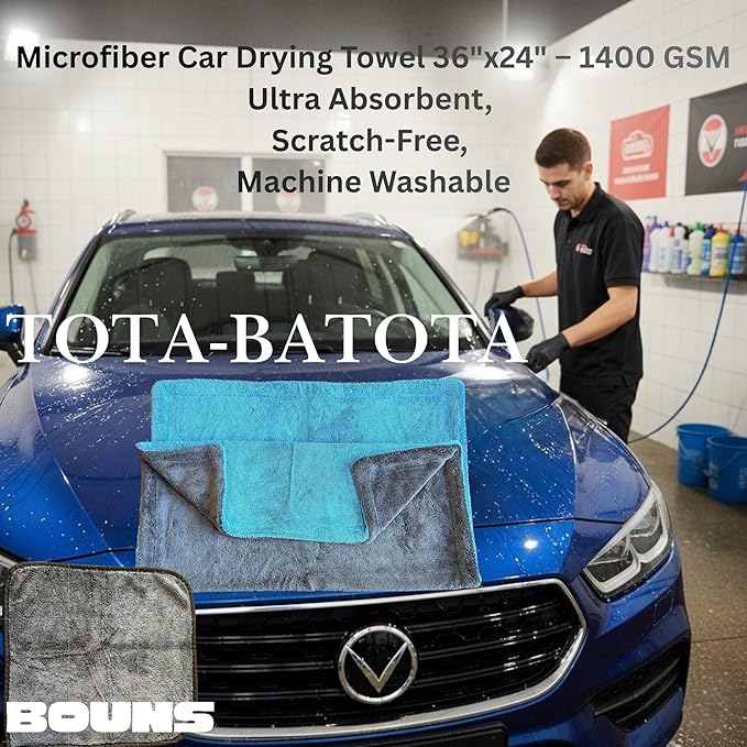 Microfiber Car Drying Towel 36"x24" – 1400 GSM Twisted Yarn, Ultra Absorbent, Scratch-Free, Machine Washable – Bonus 12"x12" Detail Towel, Blue/Gray